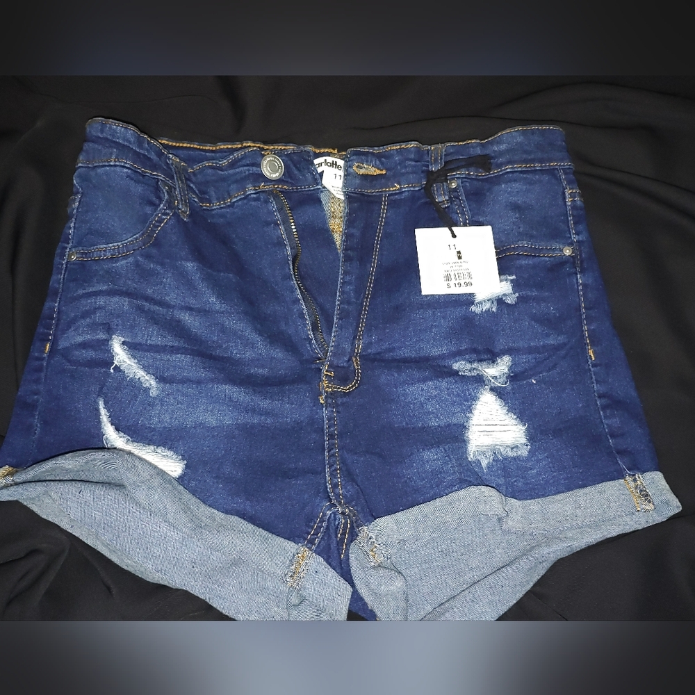 Charlotte Russe High Waisted Dark Blue Denim Shorts With Artificial Tears